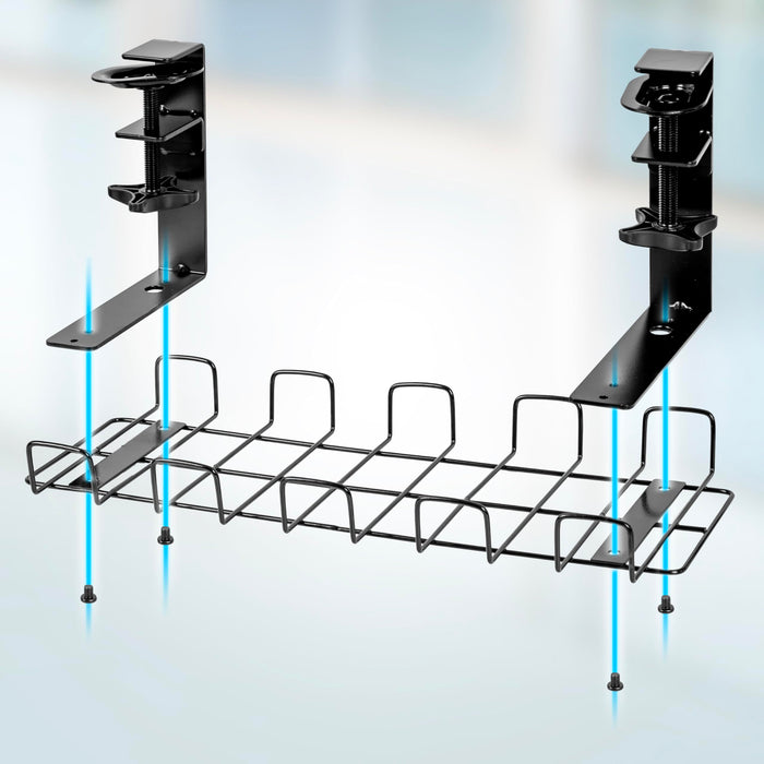 Duronic Under Desk Cable Management  featuring two black C-clamp mounts and a wire mesh basket designed for drill-free installation.