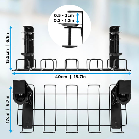 Duronic Under Desk Cable Management measuring 15.7 inches wide with adjustable C-clamps that fit desk thicknesses from 0.2 to 1.2 inches.