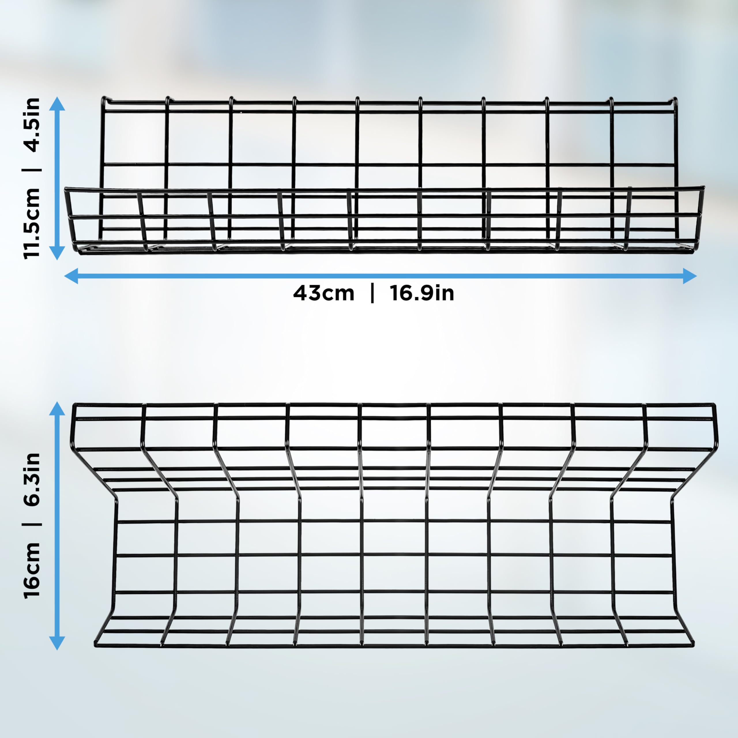 Duronic Under Desk Cable Management with Product dimensions of the black wire under-desk cable management tray showing a length of 43cm (16.9in), height of 11.5cm (4.5in), and a width of 16cm (6.3in).