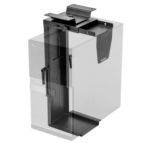 Duronic Under Desk PC Mount holding a silver desktop computer tower to save floor space and improve cable management.