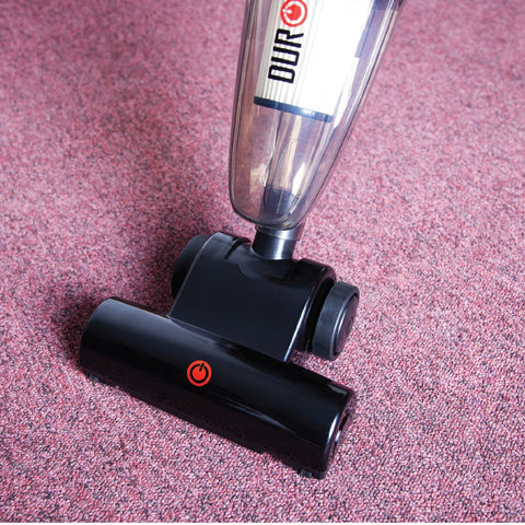 Duronic VC7 Vacuum Cleaner Accessories with red power icon on textured purple carpet, clear dust bin.