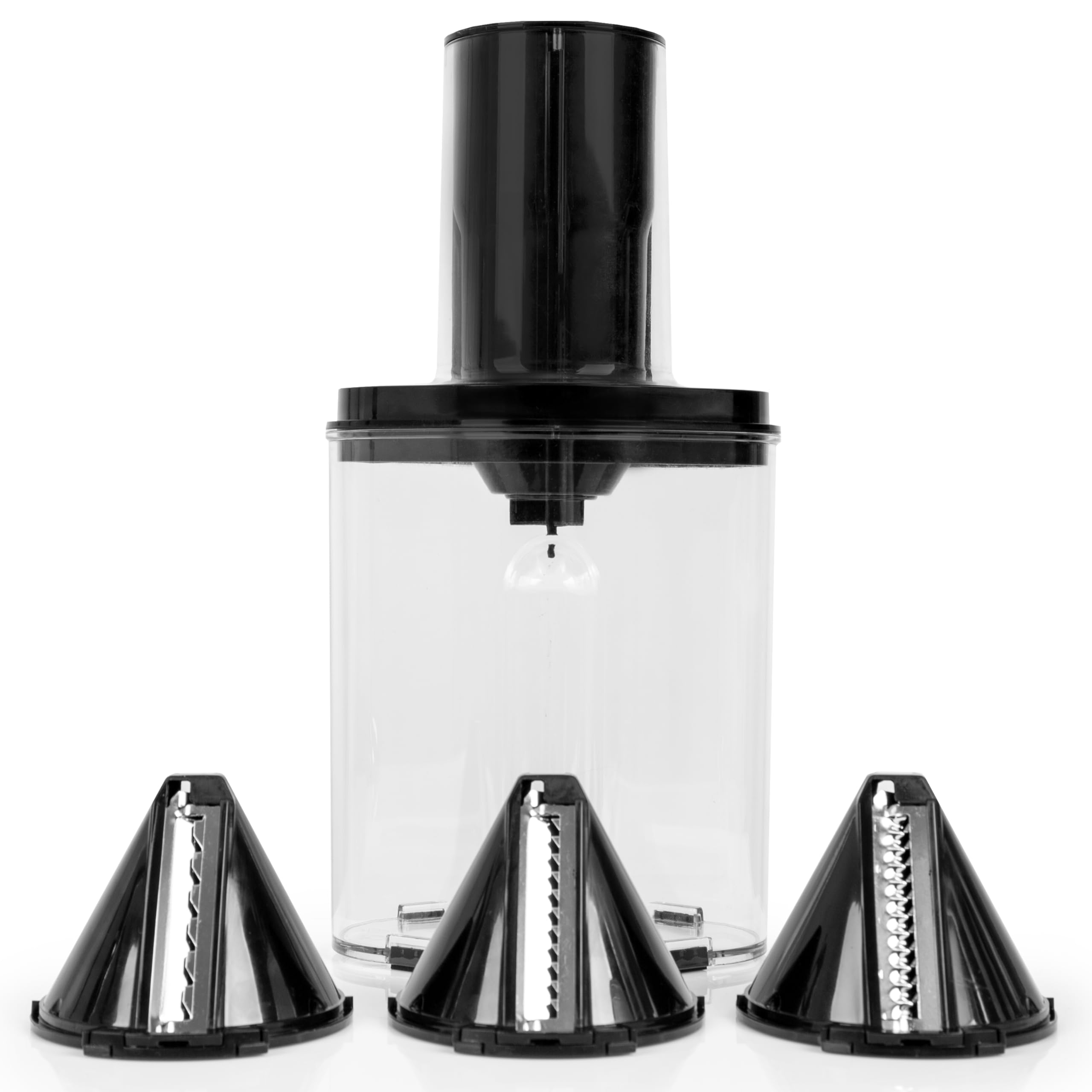 Duronic Vegetable Spiraliser featuring three interchangeable cone-shaped stainless steel blades for creating various vegetable noodle styles.