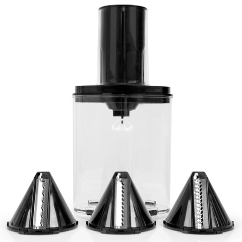 Duronic Vegetable Spiraliser featuring three interchangeable cone-shaped stainless steel blades for creating various vegetable noodle styles.