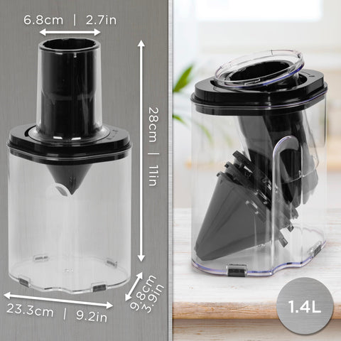 Duronic Vegetable Spiraliser showing the dimensions and 1.4L capacity of a clear food processor storage container with its black lid and internal components.