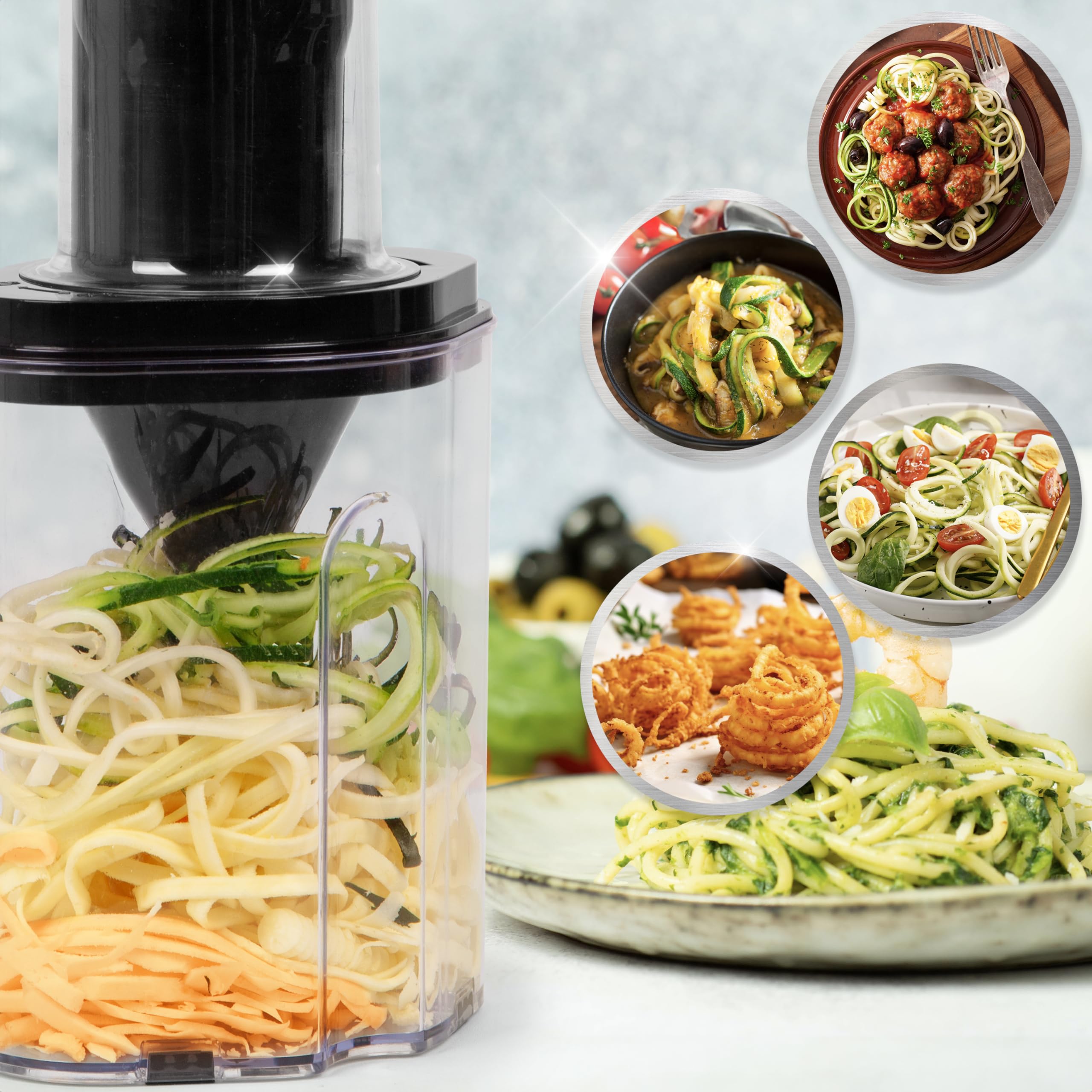 Duronic Vegetable Spiraliser with An electric spiralizer processing zucchini and sweet potato into noodles, shown alongside four circular inset images of finished dishes like zoodles with meatballs and curly fries.