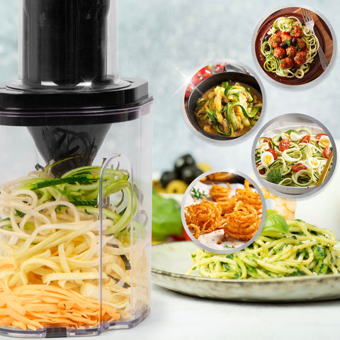 Duronic Vegetable Spiraliser with An electric spiralizer processing zucchini and sweet potato into noodles, shown alongside four circular inset images of finished dishes like zoodles with meatballs and curly fries.