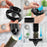 Duronic Vegetable Spiraliser with four-step instructional graphic demonstrates how to assemble a spiralizer by inserting the blade, locking the clear chute, aligning the plunger with the vegetable, and pushing down to slice.