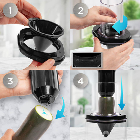 Duronic Vegetable Spiraliser with four-step instructional graphic demonstrates how to assemble a spiralizer by inserting the blade, locking the clear chute, aligning the plunger with the vegetable, and pushing down to slice.