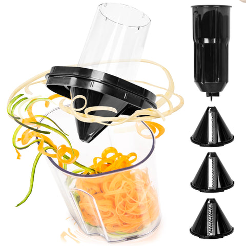Duronic Vegetable Spiraliser with interchangeable cone blades and a clear collection jar, shown creating colorful vegetable noodles from carrots and zucchini.