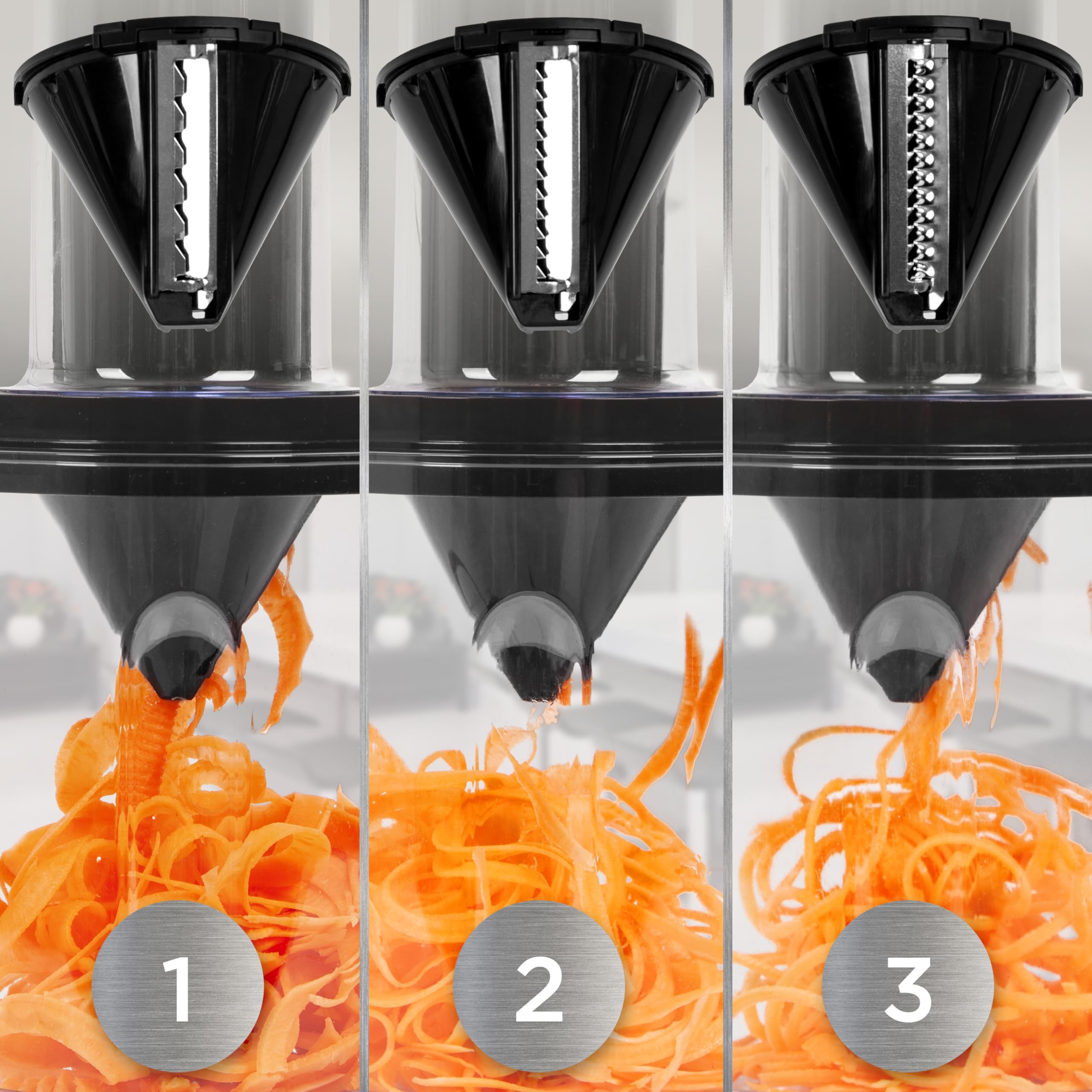Duronic Vegetable Spiraliser with three spiralizer blade attachments demonstrating different cutting styles for carrots, including wide ribbons, thin noodles, and medium curls.