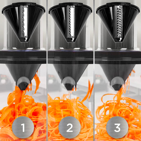 Duronic Vegetable Spiraliser with three spiralizer blade attachments demonstrating different cutting styles for carrots, including wide ribbons, thin noodles, and medium curls.