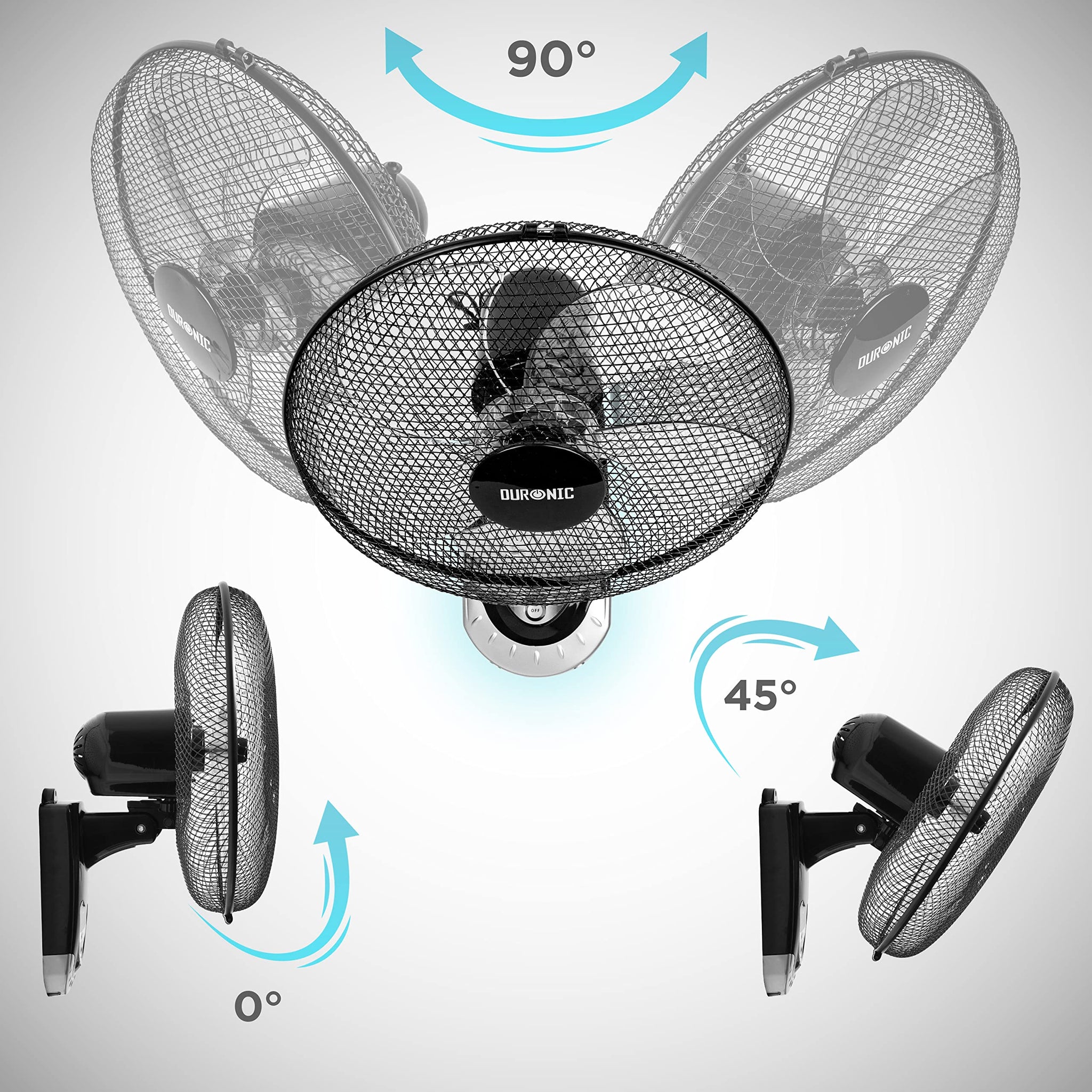 Duronic Wall Fan showing 90-degree horizontal oscillation and 45-degree vertical tilt adjustments.