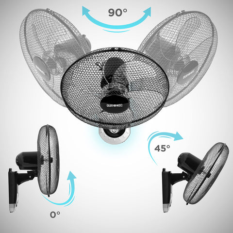 Duronic Wall Fan showing 90-degree horizontal oscillation and 45-degree vertical tilt adjustments.