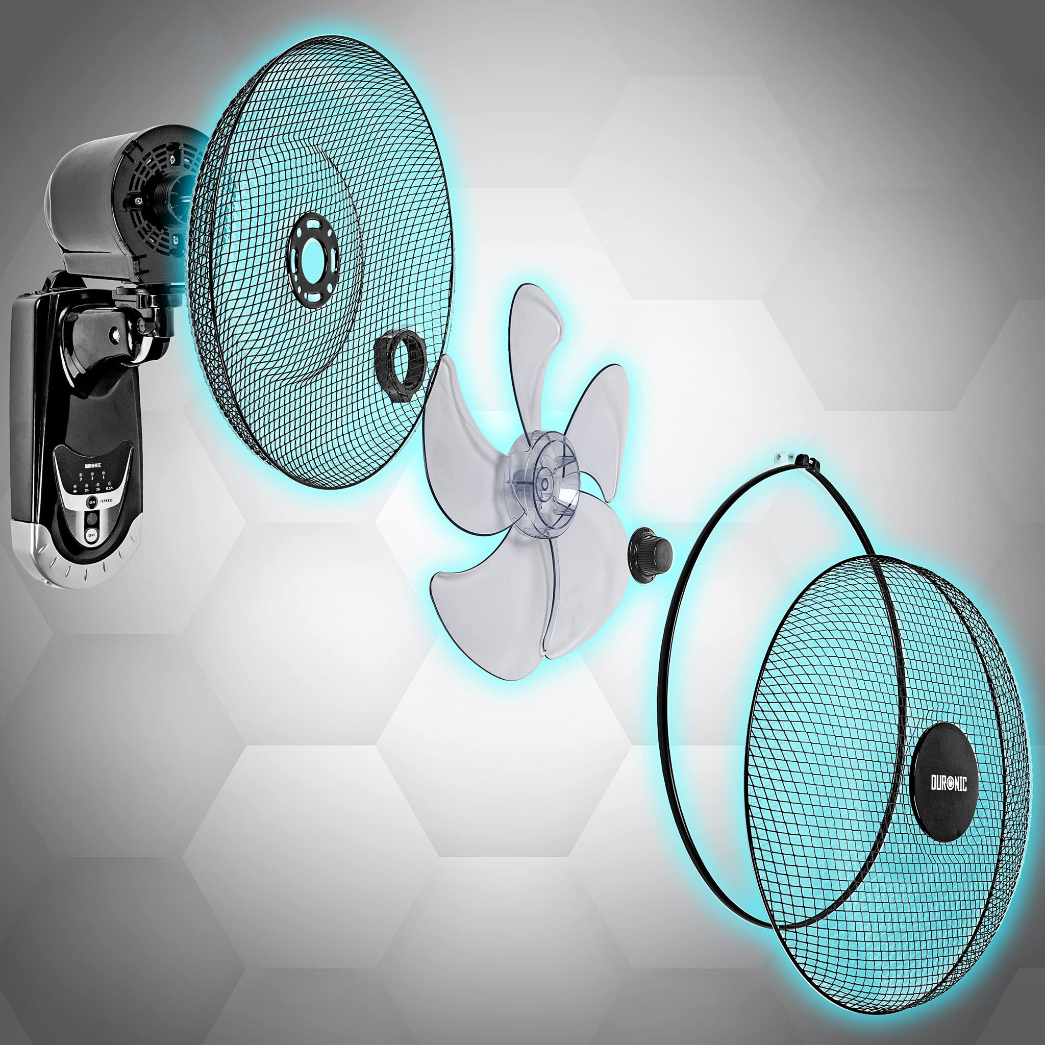 Duronic Wall Fan showing motor, grilles, blade, and locking rings.