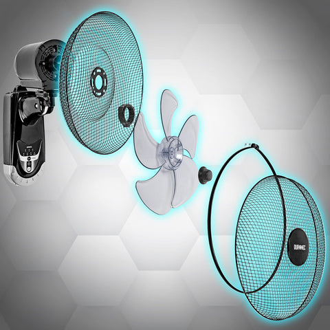Duronic Wall Fan showing motor, grilles, blade, and locking rings.