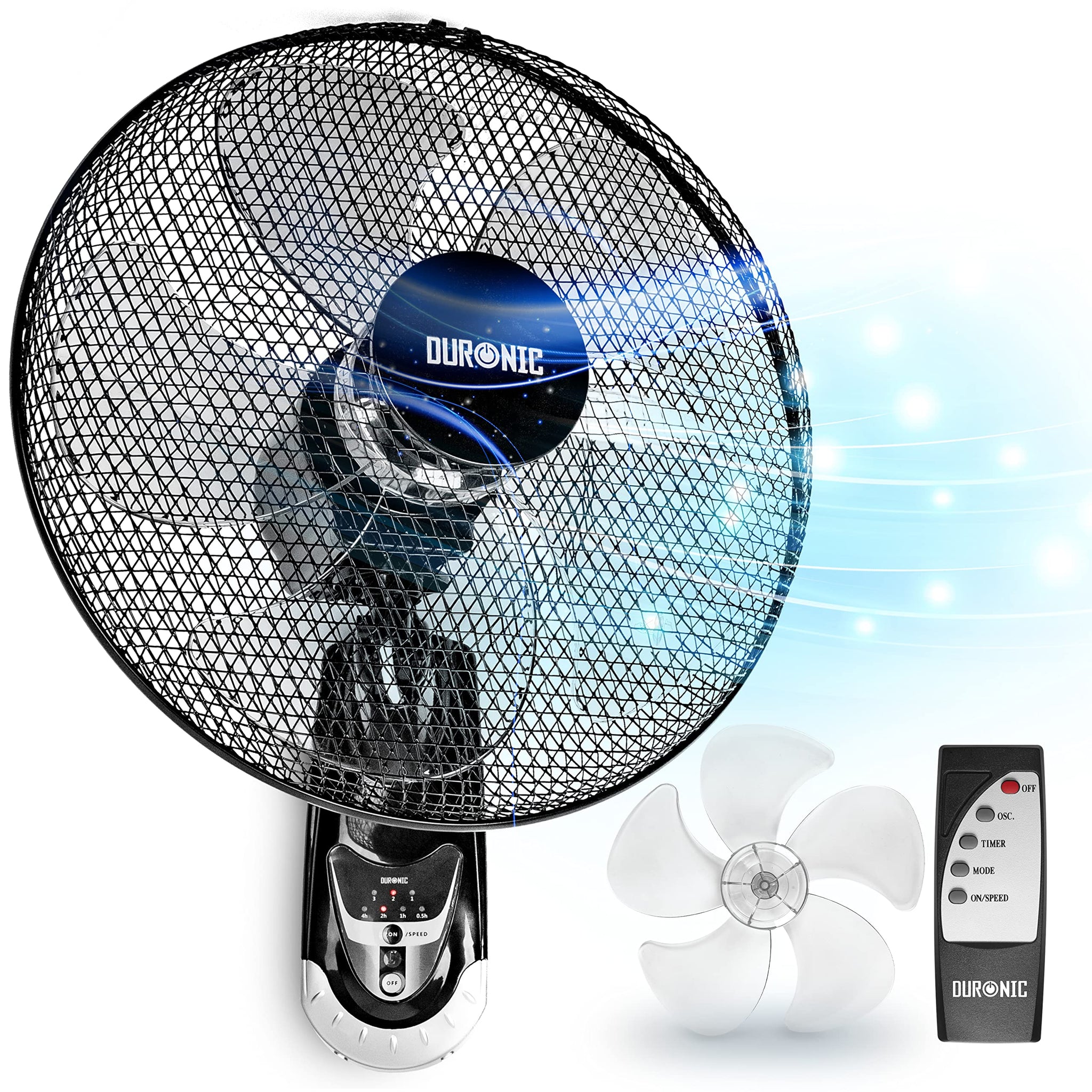 Duronic Wall Fan with mesh guard, five-blade propeller replacement, and remote control.