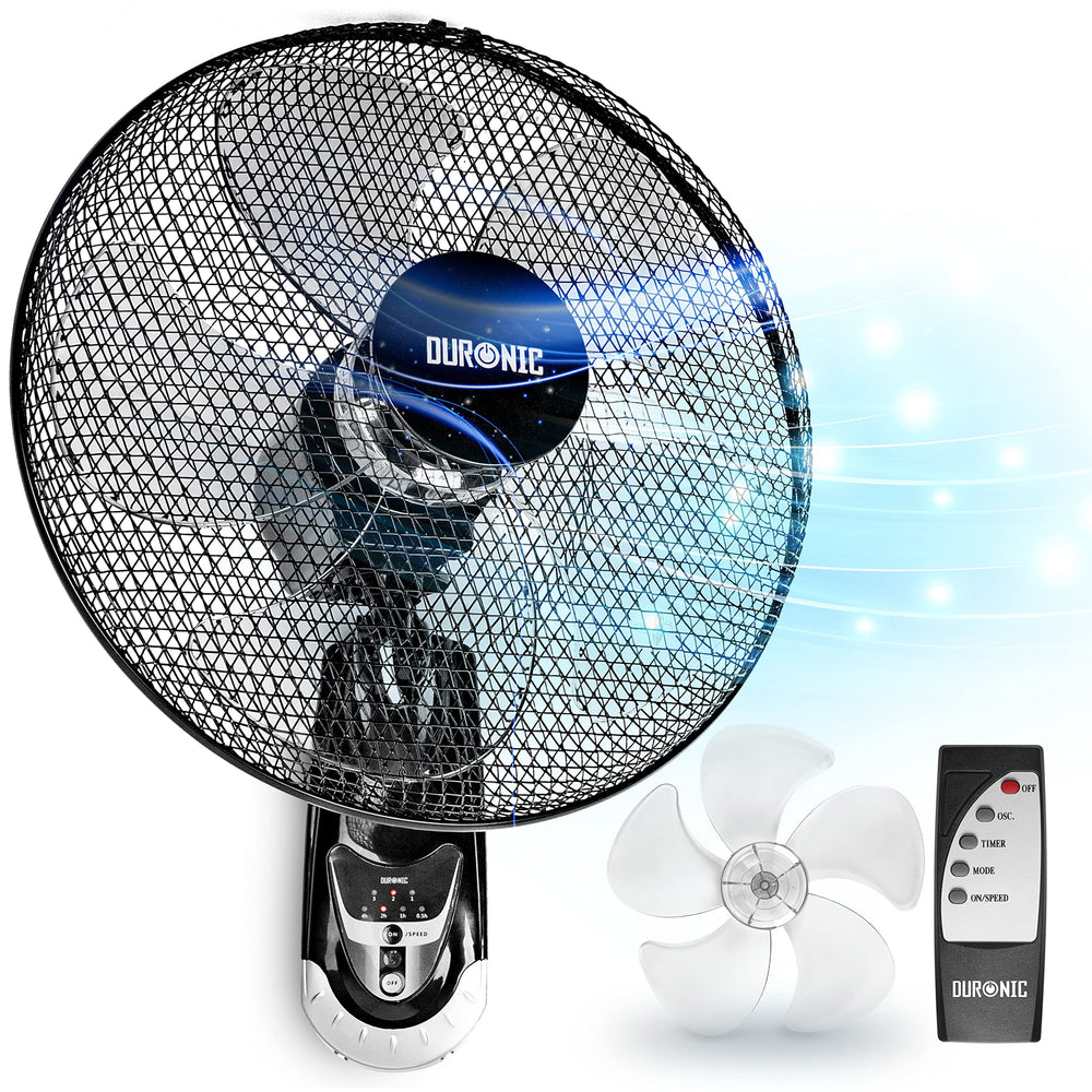 Duronic Wall Fan with mesh guard, five-blade propeller replacement, and remote control.