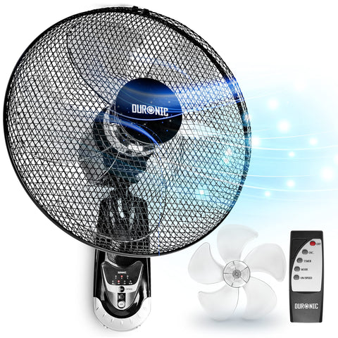 Duronic Wall Fan with mesh guard, five-blade propeller replacement, and remote control.