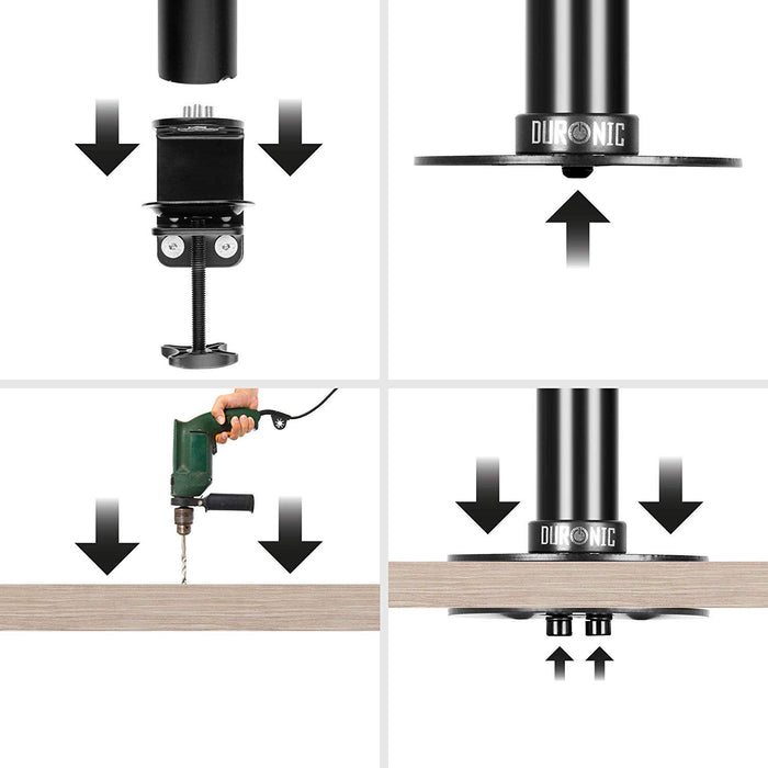 Duronic Wall Mount mount installation methods: a desk clamp and a grommet hole.