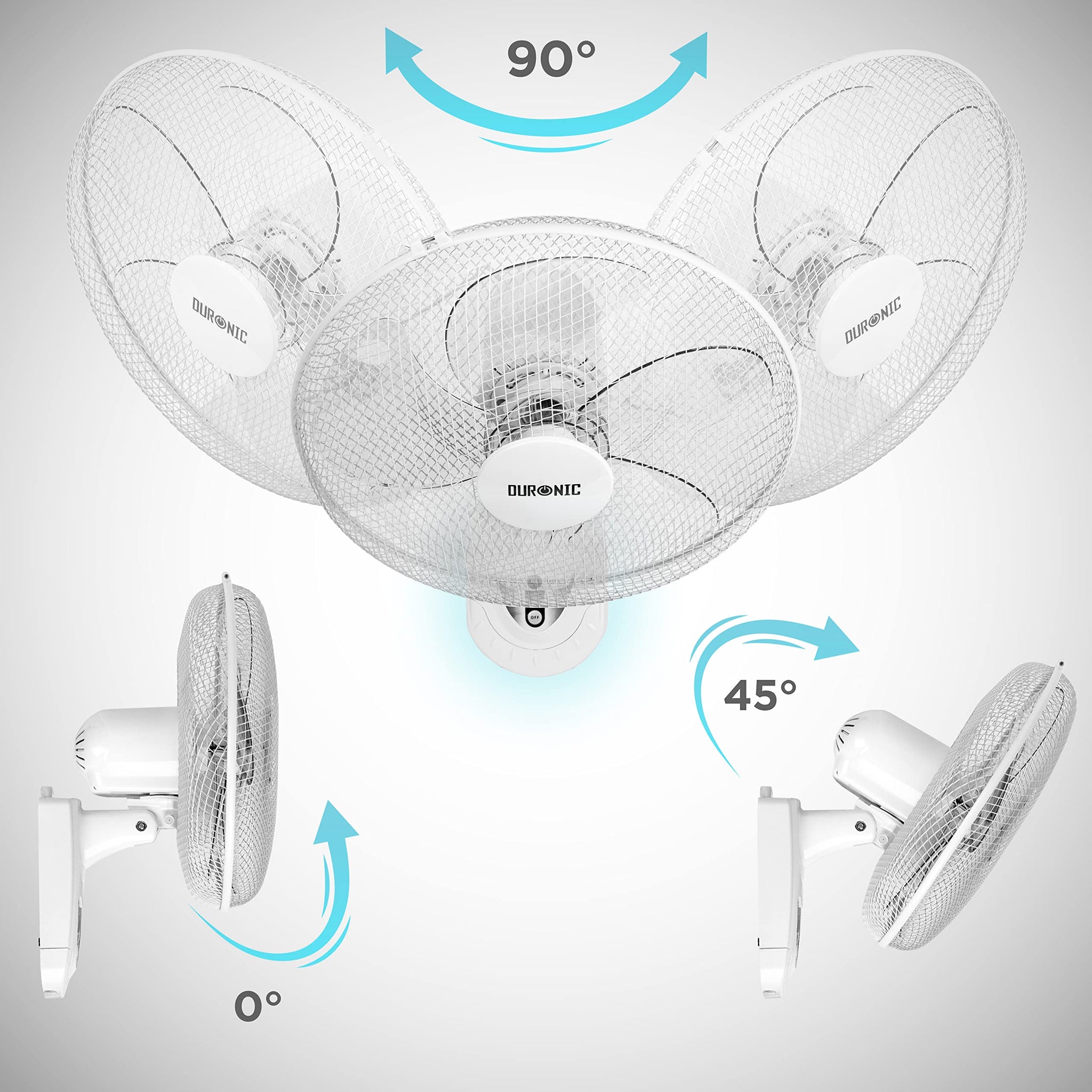 Duronic Wall Mounted Fan showing 90-degree horizontal rotation and 45-degree vertical tilt capability for cooling.