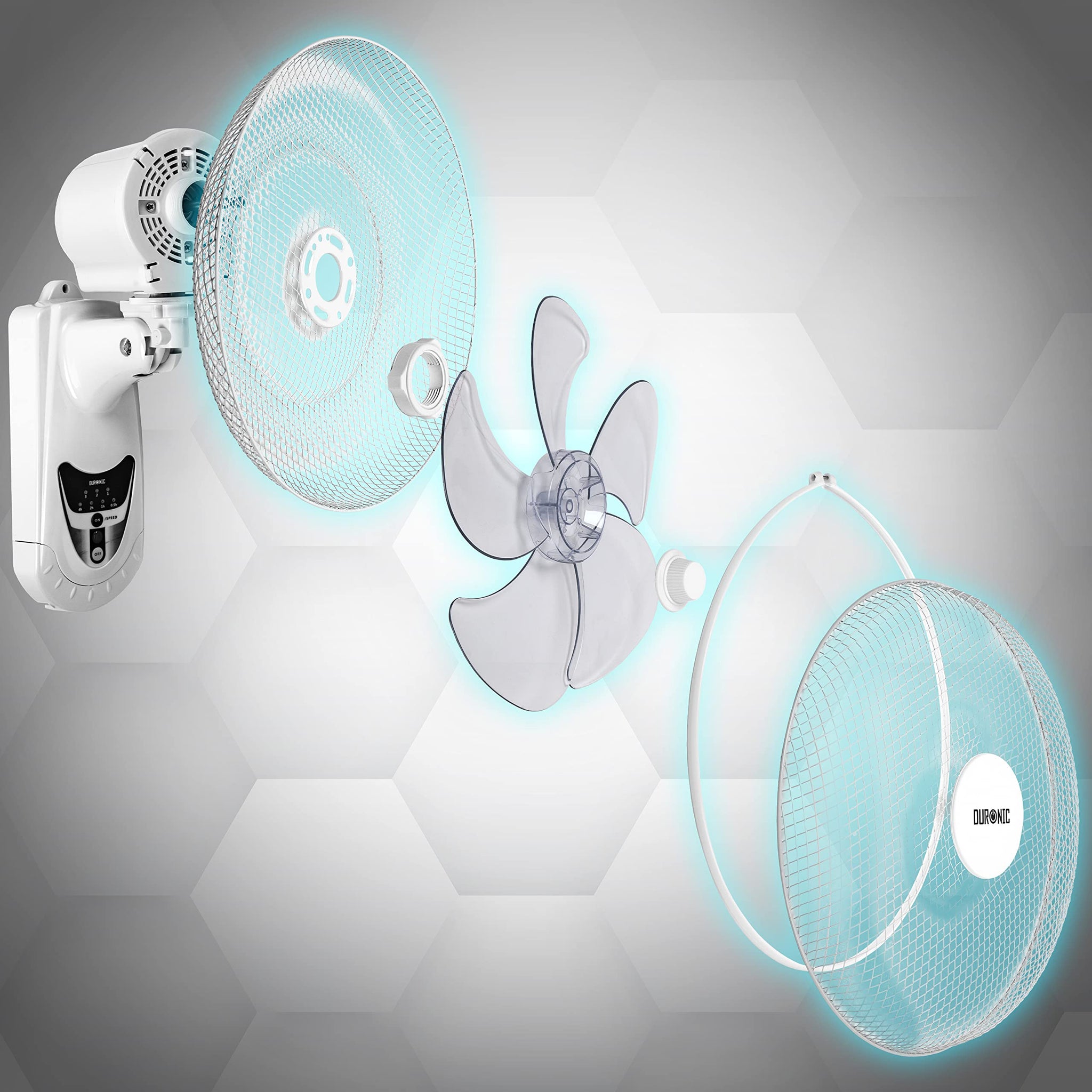 Duronic Wall Mounted Fan showing blades, motor, and mesh safety guards.