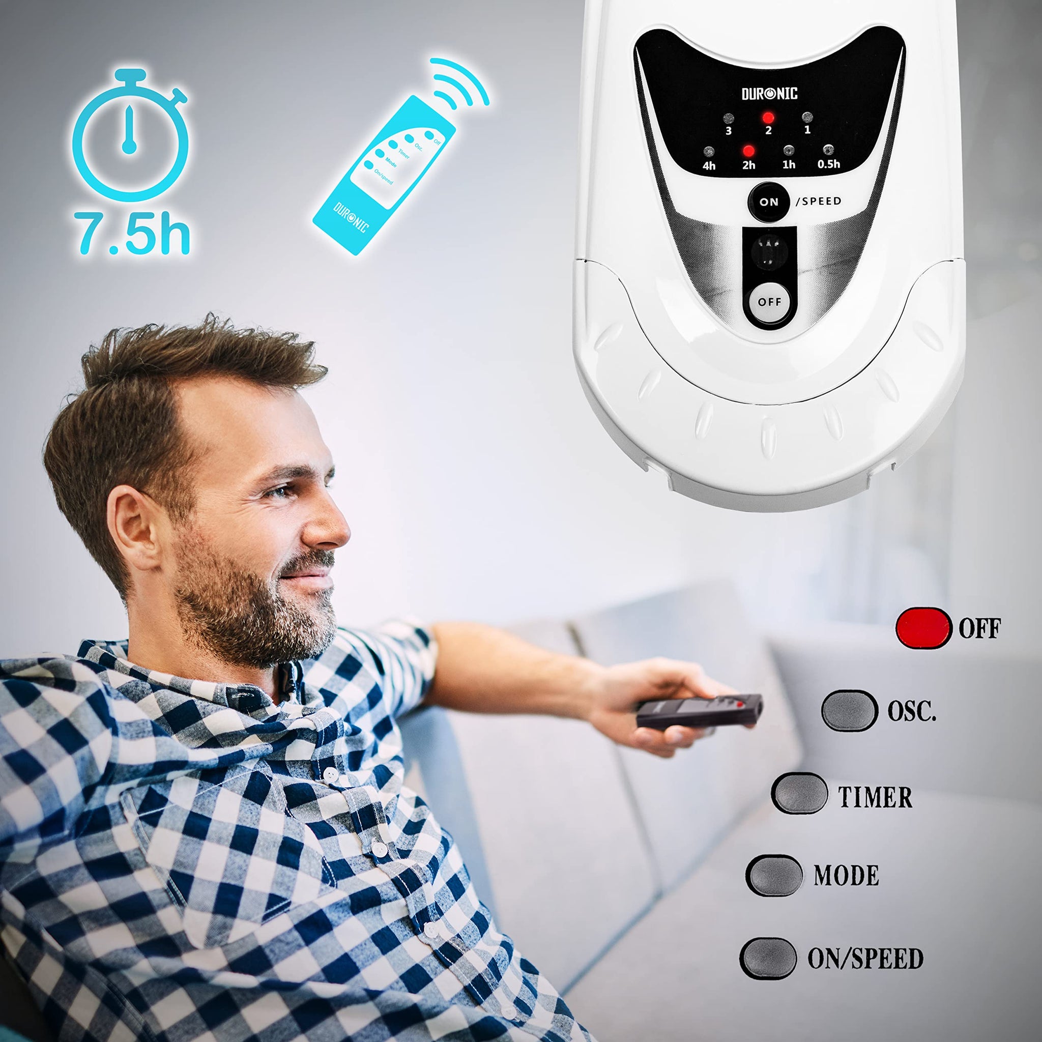 Duronic Wall Mounted Fan with a man sitting on sofa using a remote to control