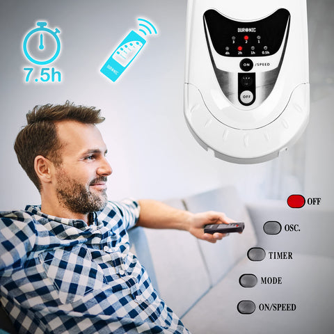 Duronic Wall Mounted Fan with a man sitting on sofa using a remote to control