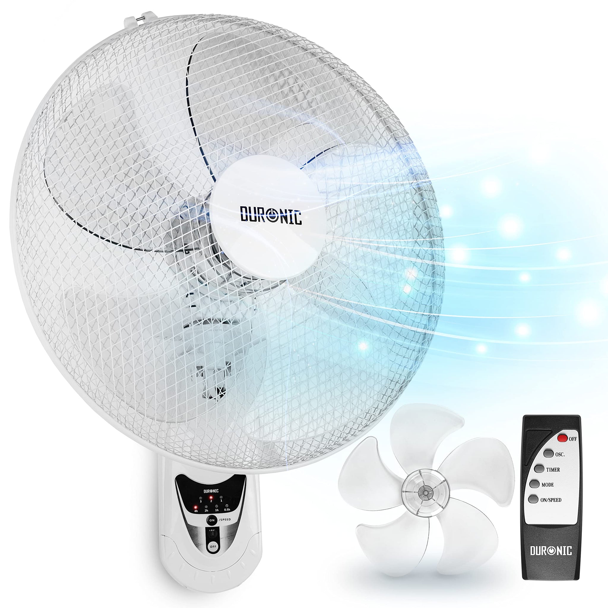 Duronic Wall Mounted Fan with five blades, remote control, and blue airflow graphic overlay.