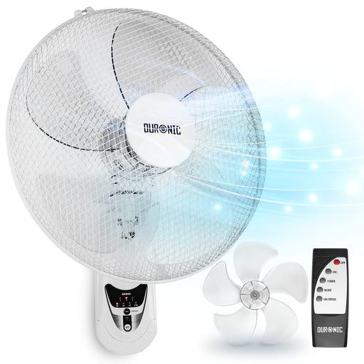 Duronic Wall Mounted Fan with five blades, remote control, and blue airflow graphic overlay.