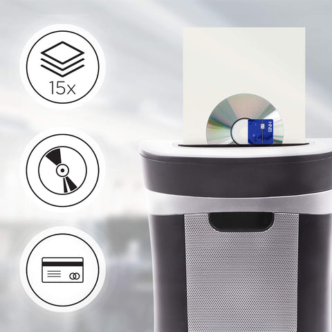 Duronic XXL Cross Cut Paper Shredder destroying a stack of 15 papers, a CD, and a credit card.