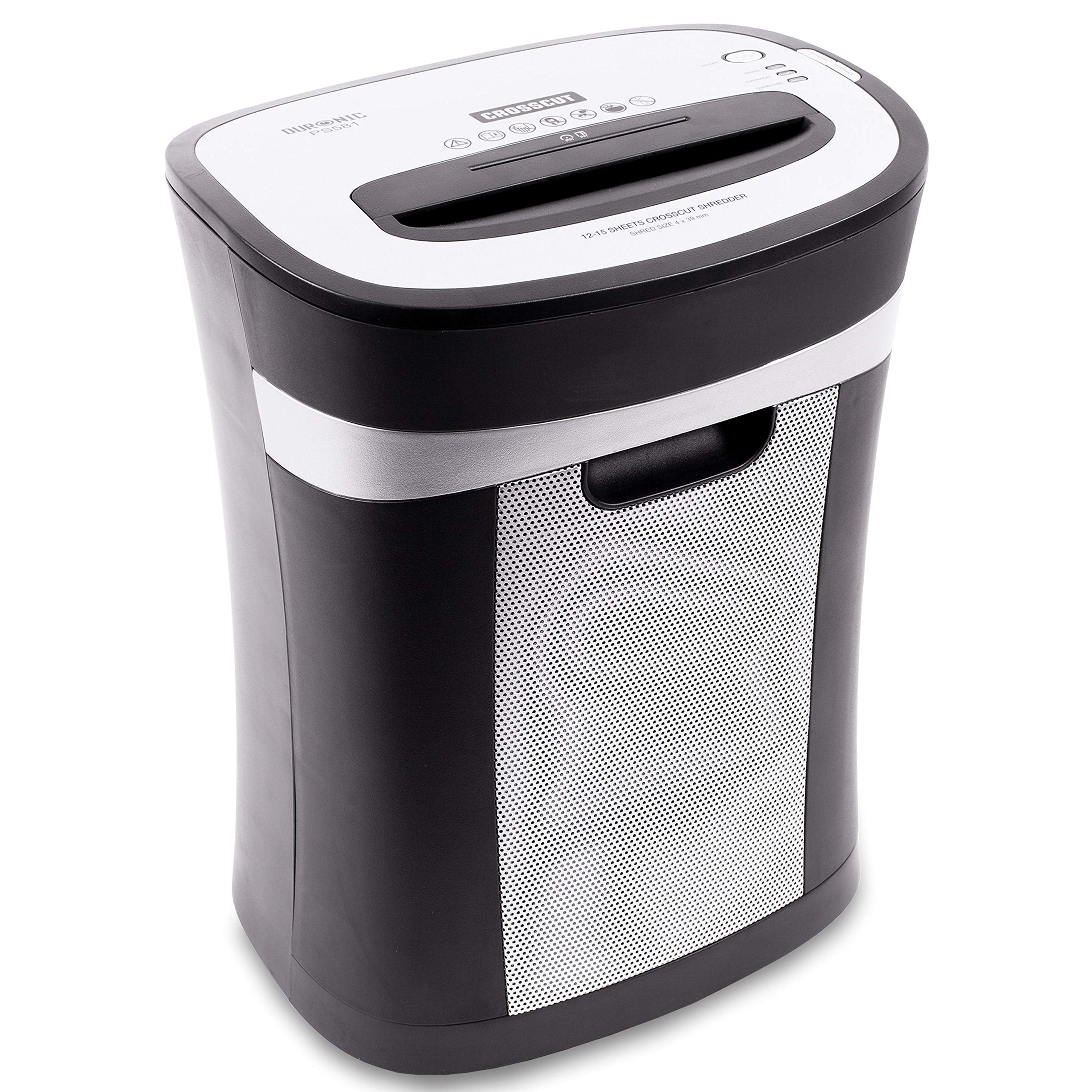 Duronic XXL Cross Cut Paper Shredder featuring a mesh-style viewing window and top feed.