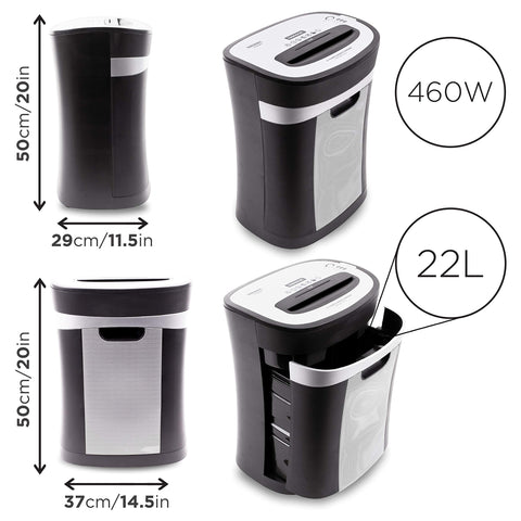 Duronic XXL Cross Cut Paper Shredder with clear dimensions shown from multiple angles.