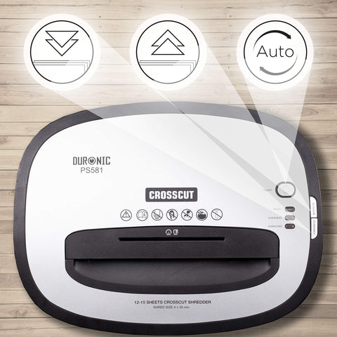 Duronic XXL Cross Cut Paper Shredder with highlighted reverse, forward, and auto settings.