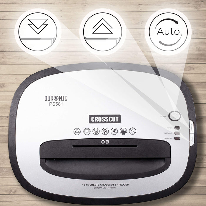 Duronic XXL Cross Cut Paper Shredder with highlighted reverse, forward, and auto settings.