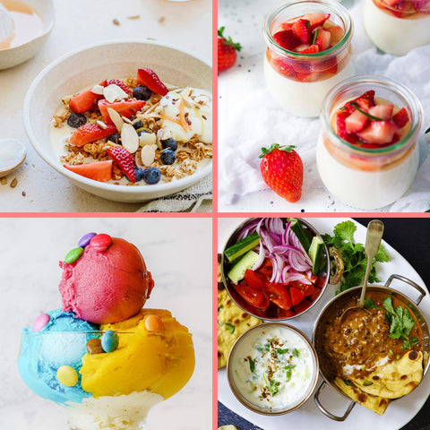Duronic Yoghurt Makers featuring a breakfast bowl, strawberry parfaits, colorful ice cream, and Indian curry dishes.