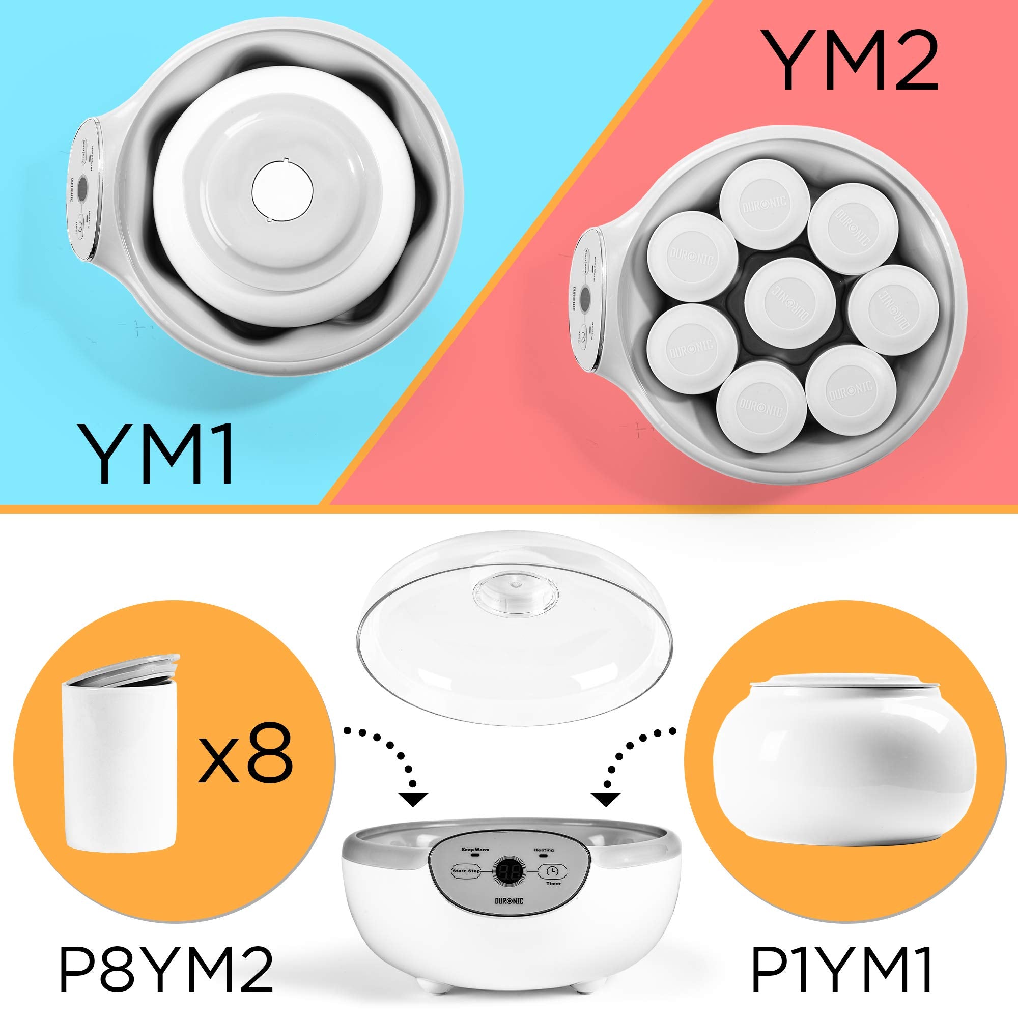 Duronic Yoghurt Makers showing two configurations: eight individual jars or one large central bowl insert.
