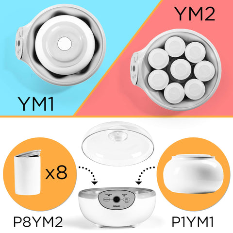 Duronic Yoghurt Makers showing two configurations: eight individual jars or one large central bowl insert.
