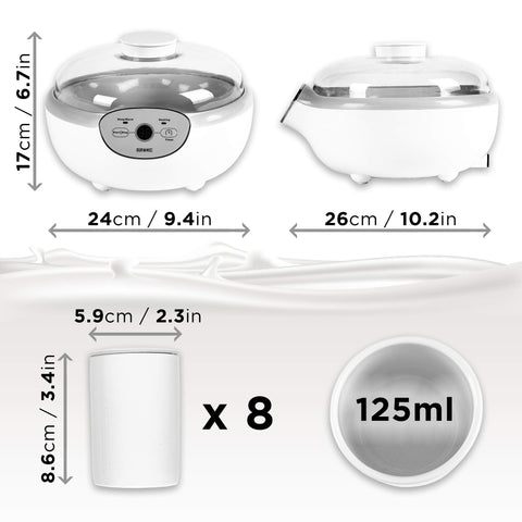 Duronic Yoghurt Makers with dimensions, including eight 125ml individual white ceramic cups.