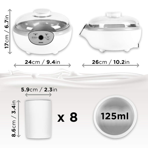 Duronic Yoghurt Makers with dimensions, including eight 125ml individual white ceramic cups.