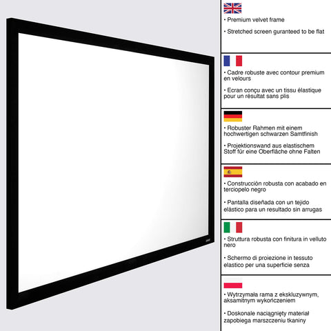 Fixed-frame projector screen featuring a premium black velvet border and a stretched flat white display.