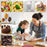 Mother and child baking together, surrounded by images of fresh salad, pasta, meat, and coffee.
