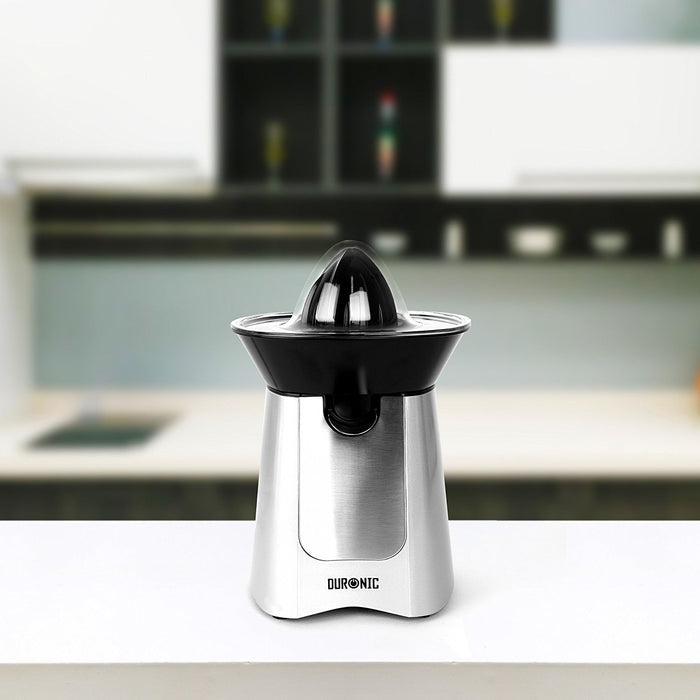 Overview of the Duronic JE6SR electric citrus juicer showcased aesthetically on kitchen countertop