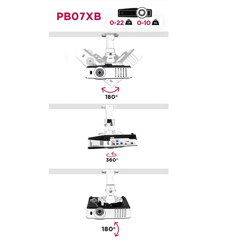 Projector ceiling mount model PB07XB showcasing 180-degree tilt, 360-degree rotation, and 22-pound weight capacity.