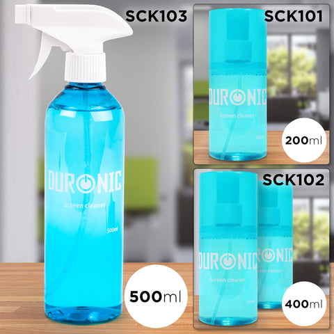 Three Duronic screen cleaner bottle options labeled SCK103, SCK101, and SCK102 in various sizes.