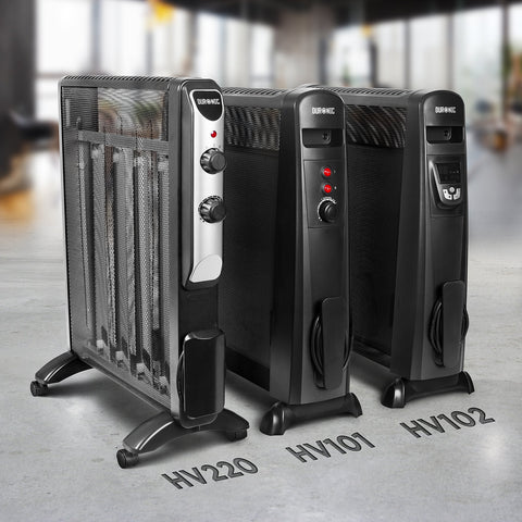 Three Duronic space heater models, HV220, HV101, and HV102, displayed in a modern showroom.