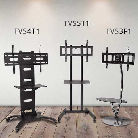 Three mobile TV stands (TVS4T1, TVS5T1, TVS3F1) in black and chrome on wood flooring.