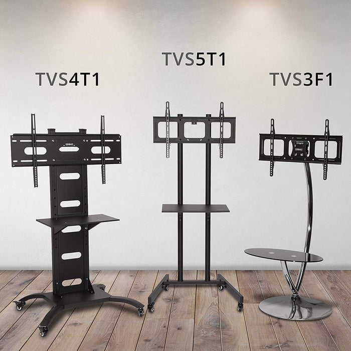 Three mobile TV stands (models TVS4T1, TVS5T1, TVS3F1) displayed side-by-side on a wooden floor.
